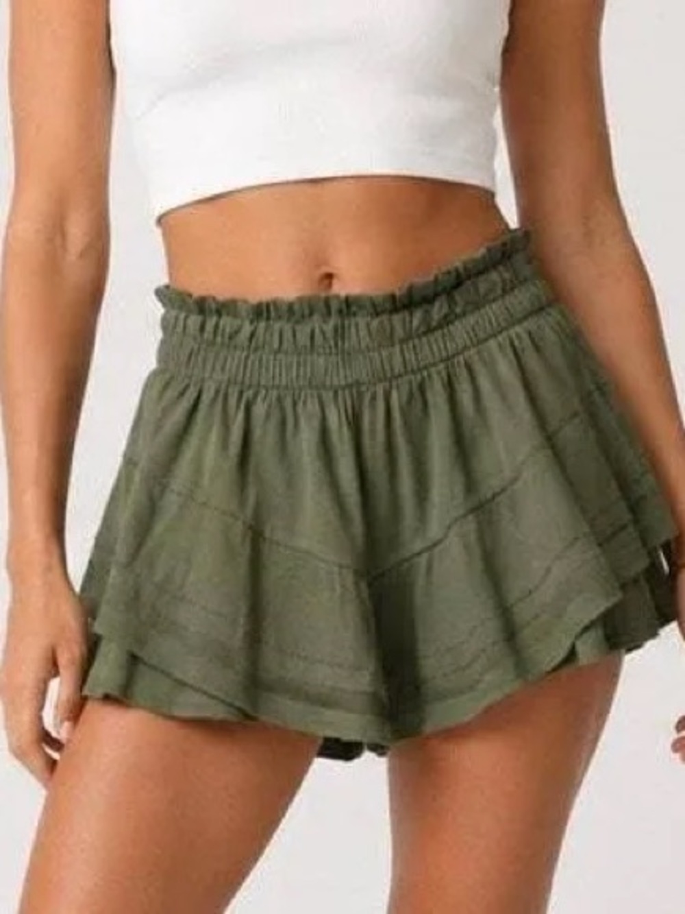 Aerie Tiered Ruffle Eyelet Sage Green Mini Skort